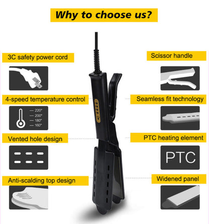 Black hair steam straightener with two heated plates and vertical handle