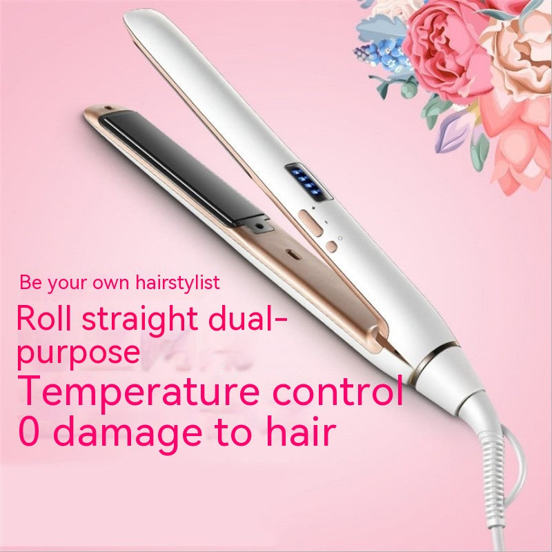 Hair straightener with floral design on a pink background