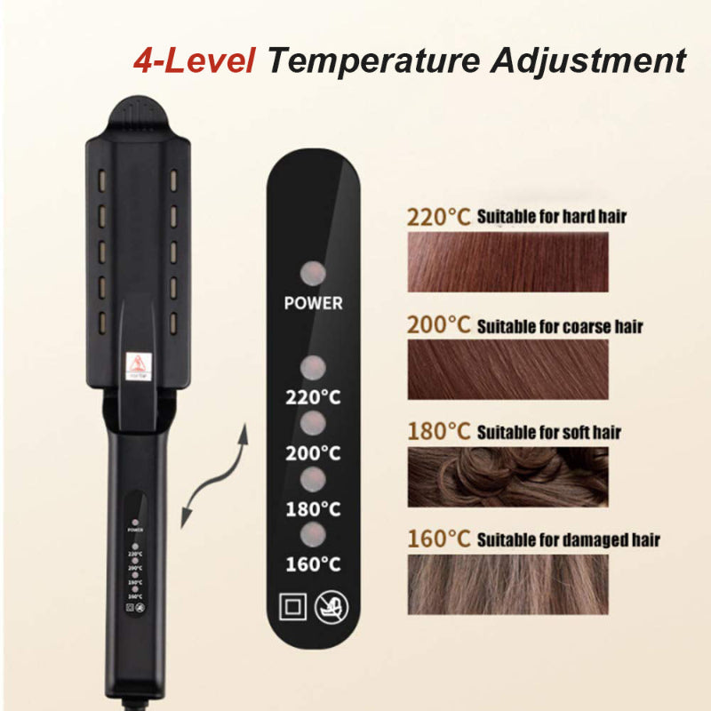 Hair straightener with temperature adjustment options on a beige background