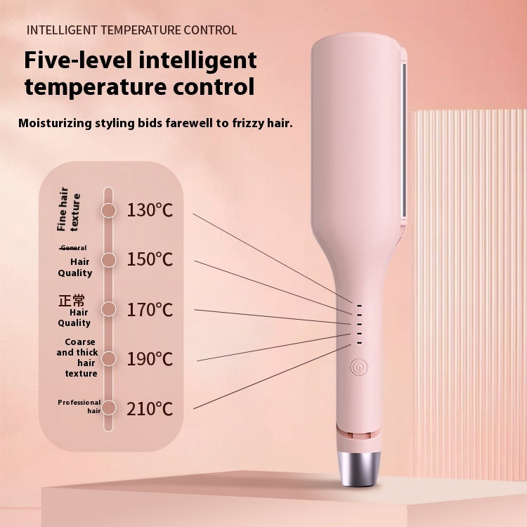 Pink automatic hair curler with five-level temperature control settings.
