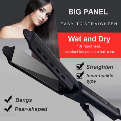 Hair straightener with woman and text on a gray background