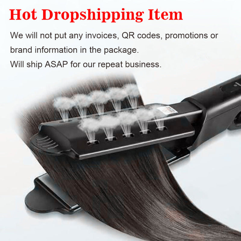 Hair straightening tool with hair extensions on a white background, featuring text about dropshipping.