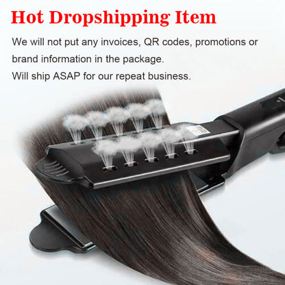 Hair straightening tool with hair extensions on a white background, featuring text about dropshipping.