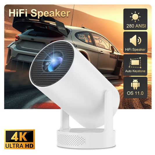 White projector with car in the background, featuring text about features like 280 ANSI and 4K Ultra HD.