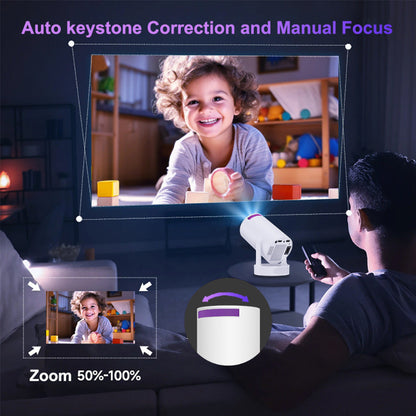 Child playing with a toy on a screen projected by a portable projector, with text highlighting features like auto keystone correction and manual focus.
