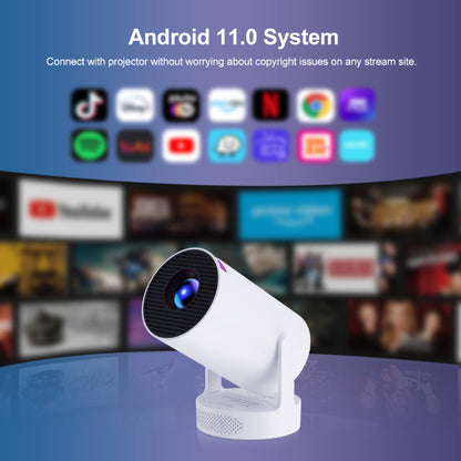 White projector on a stand with Android 11.0 system apps displayed on a screen in the background.