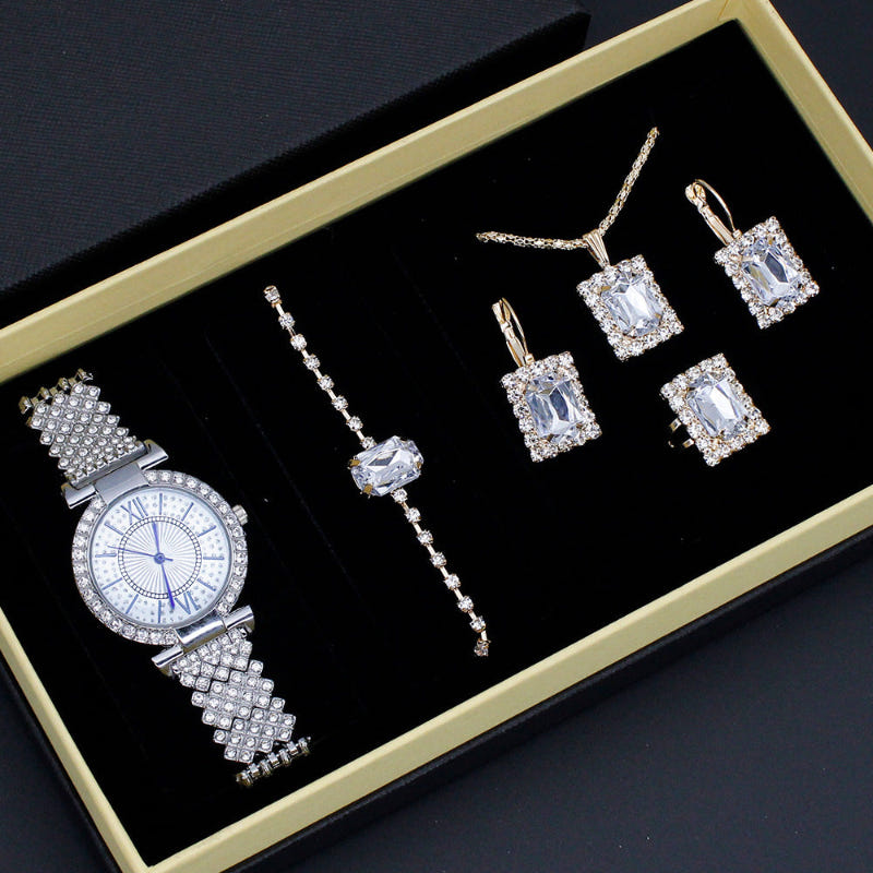 Silver-tone watch with rhinestone bracelet and square stud earrings, in gift box