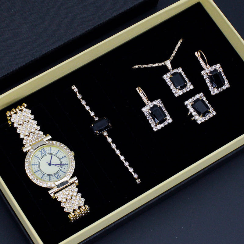 Gold-tone watch and rhinestone earrings with matching tennis bracelet, in gift box