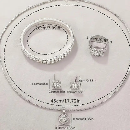 Jewelry set with necklace, ring, and earrings on a white background with measurements.