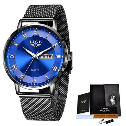Lige watch with blue face and black mesh strap, including packaging on a white background