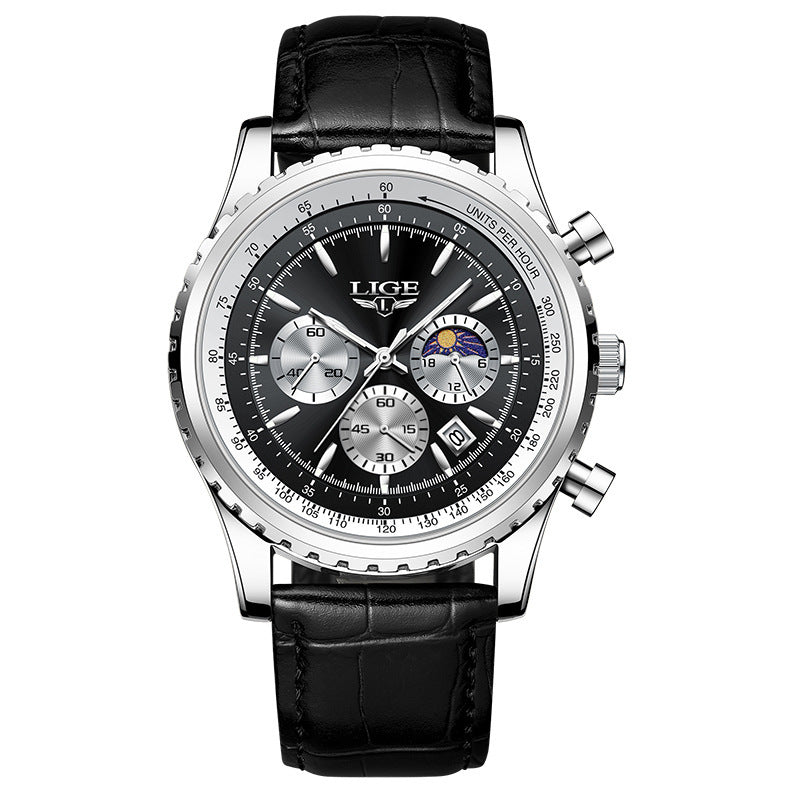 Luxury watch with black leather strap and detailed face on a white background