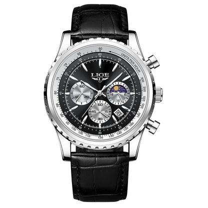Luxury watch with black leather strap and detailed face on a white background