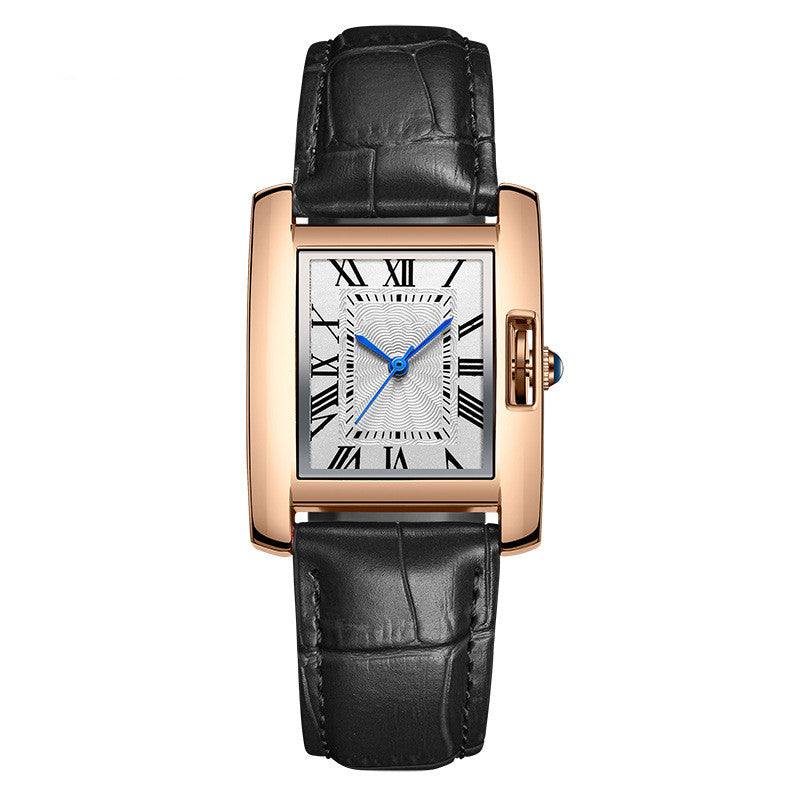 Luxury watch with black leather strap and rose gold case on white background