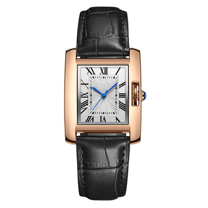 Luxury watch with black leather strap and rose gold case on white background