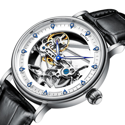 Luxury watch with black leather strap and visible mechanical components on a white background