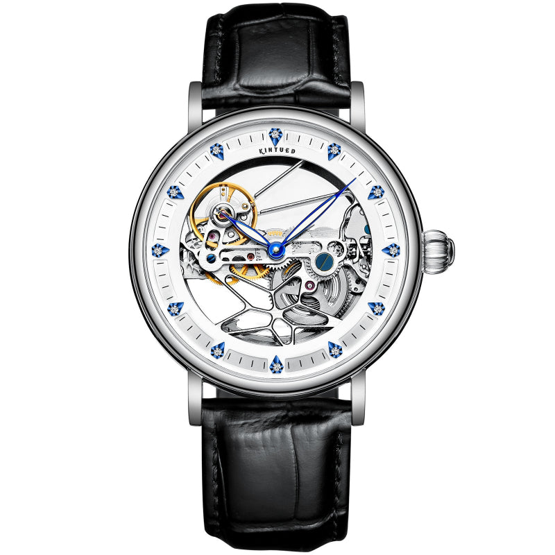 Luxury watch with black leather strap and visible mechanical components on a white background