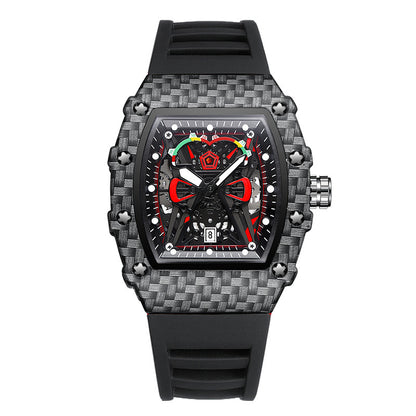 Luxury watch with black strap and carbon fiber case on white background