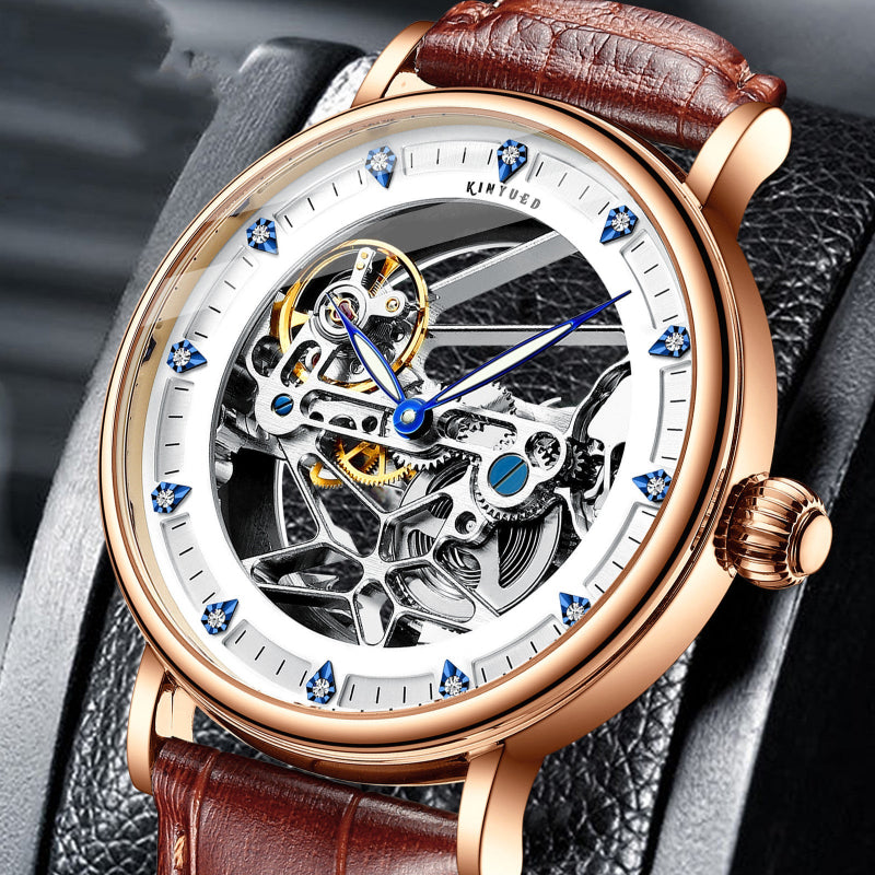 Luxury watch with brown leather strap and rose gold case on a dark background