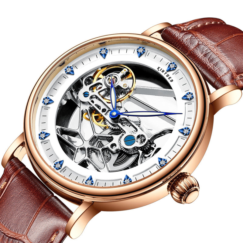 Luxury watch with brown leather strap and rose gold case on white background