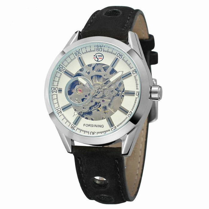Mechanical watch with black leather strap and white face on a white background