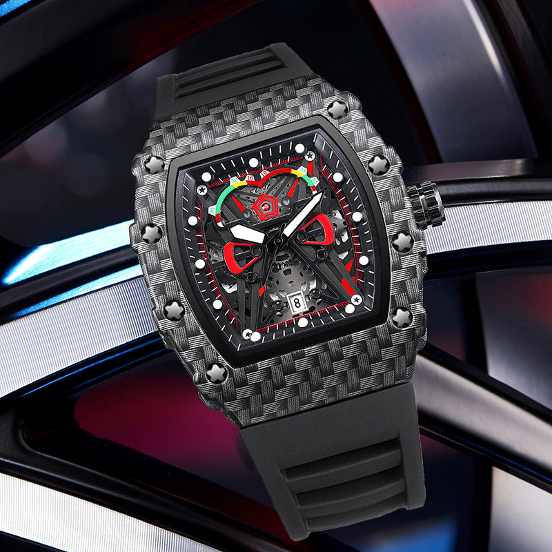 Luxury watch with carbon fiber design on a reflective surface