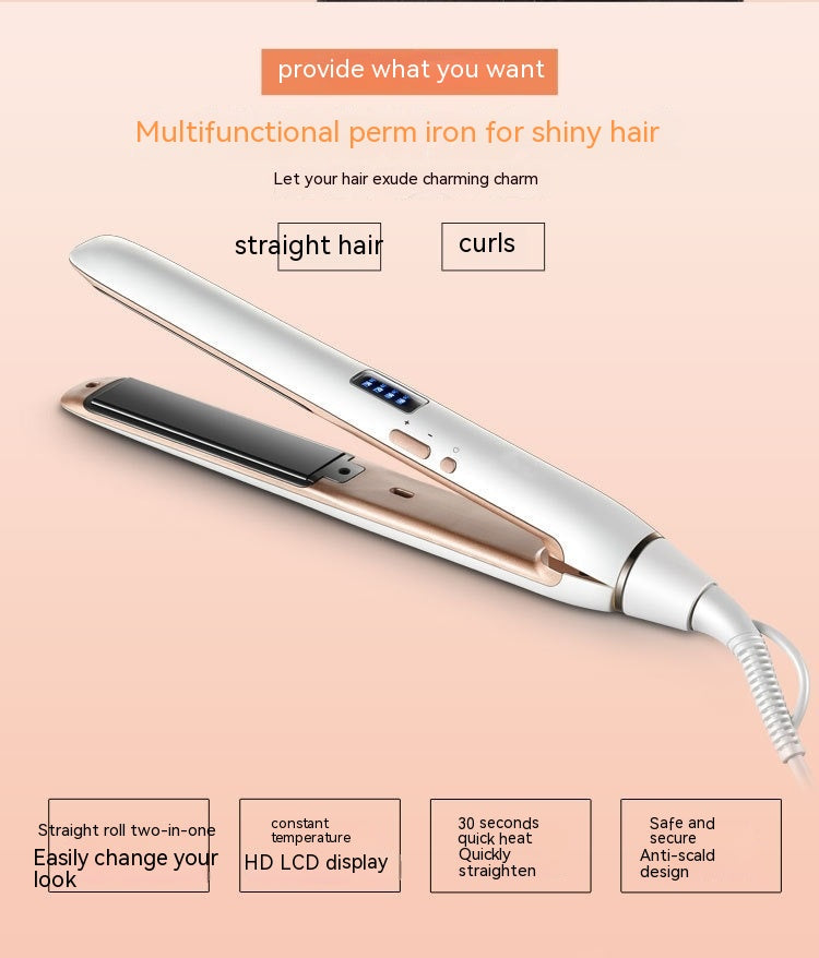 Multifunctional perm iron for shiny hair with features listed on a peach background