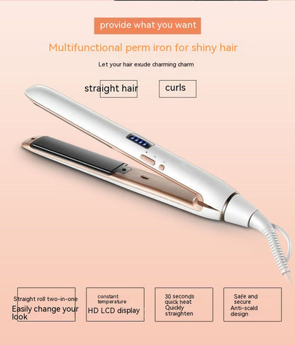 Dual-use hair curler and straightener with silver plates and black handle, LCD display.