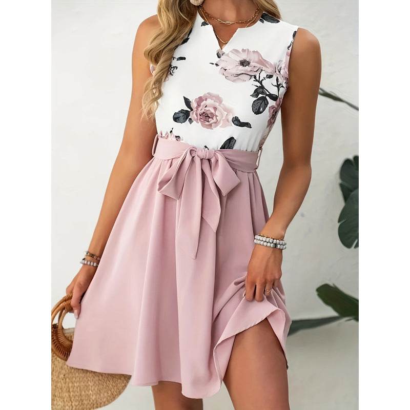 European And American Printed V-neck Sleeveless Dress With Belt - YAXSO