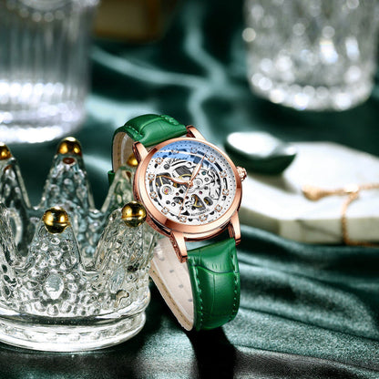 Waterproof automatic mechanical watch with green leather strap and open-work silver dial.