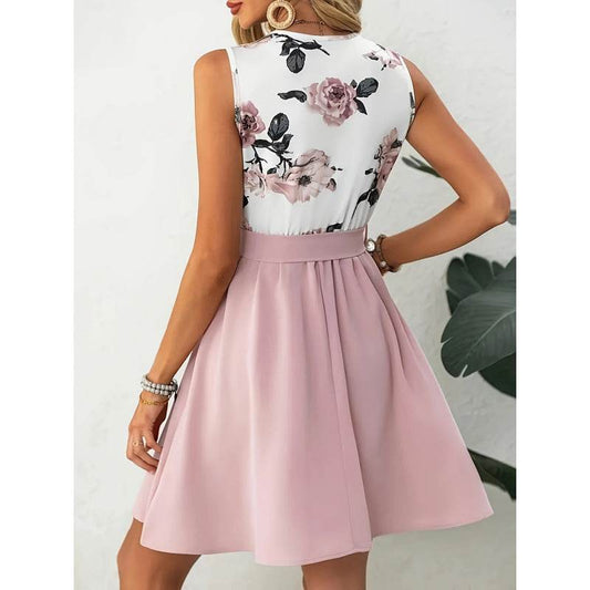 European And American Printed V-neck Sleeveless Dress With Belt - YAXSO