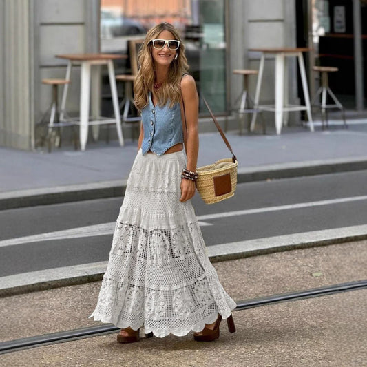 A-Line Crochet Lace Patchwork Knit Skirt – Women’s Casual Fashion
