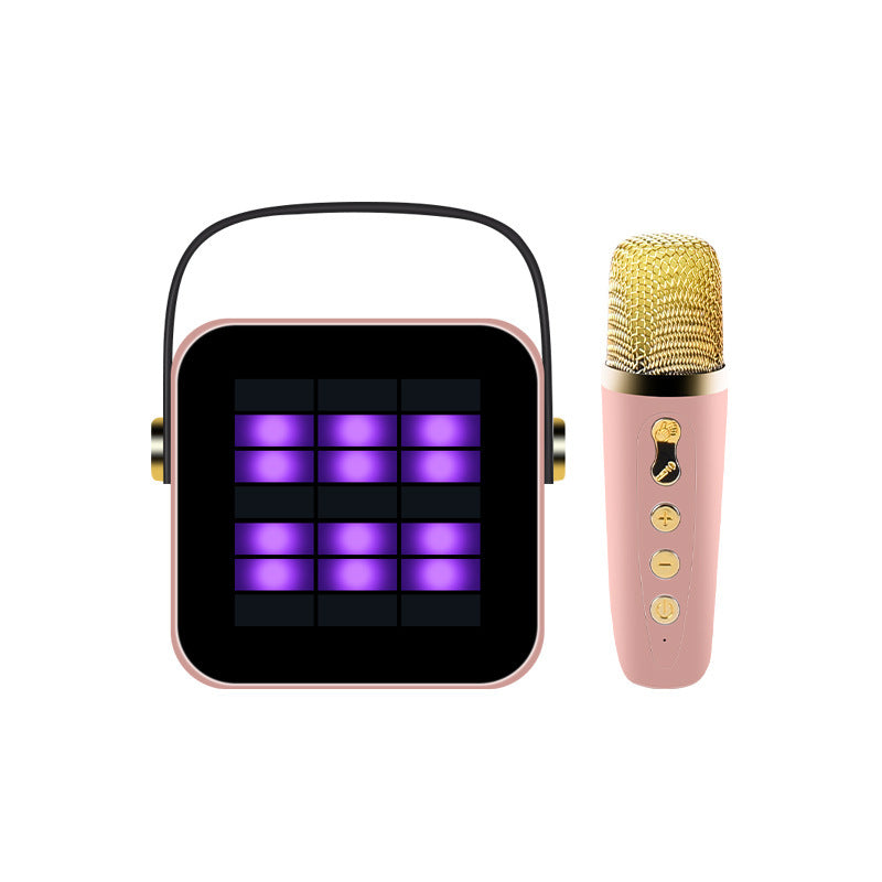 Pink microphone with digital display on a white background