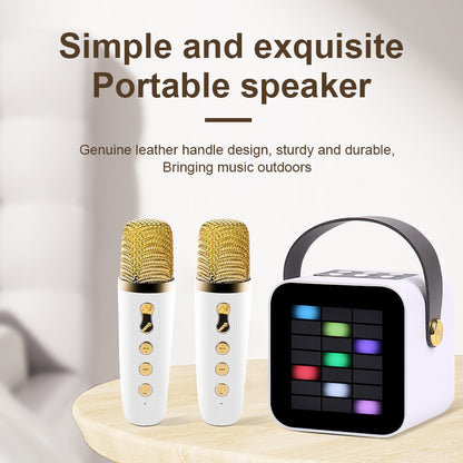 Portable speaker with two microphones on a wooden surface, with text describing its features.