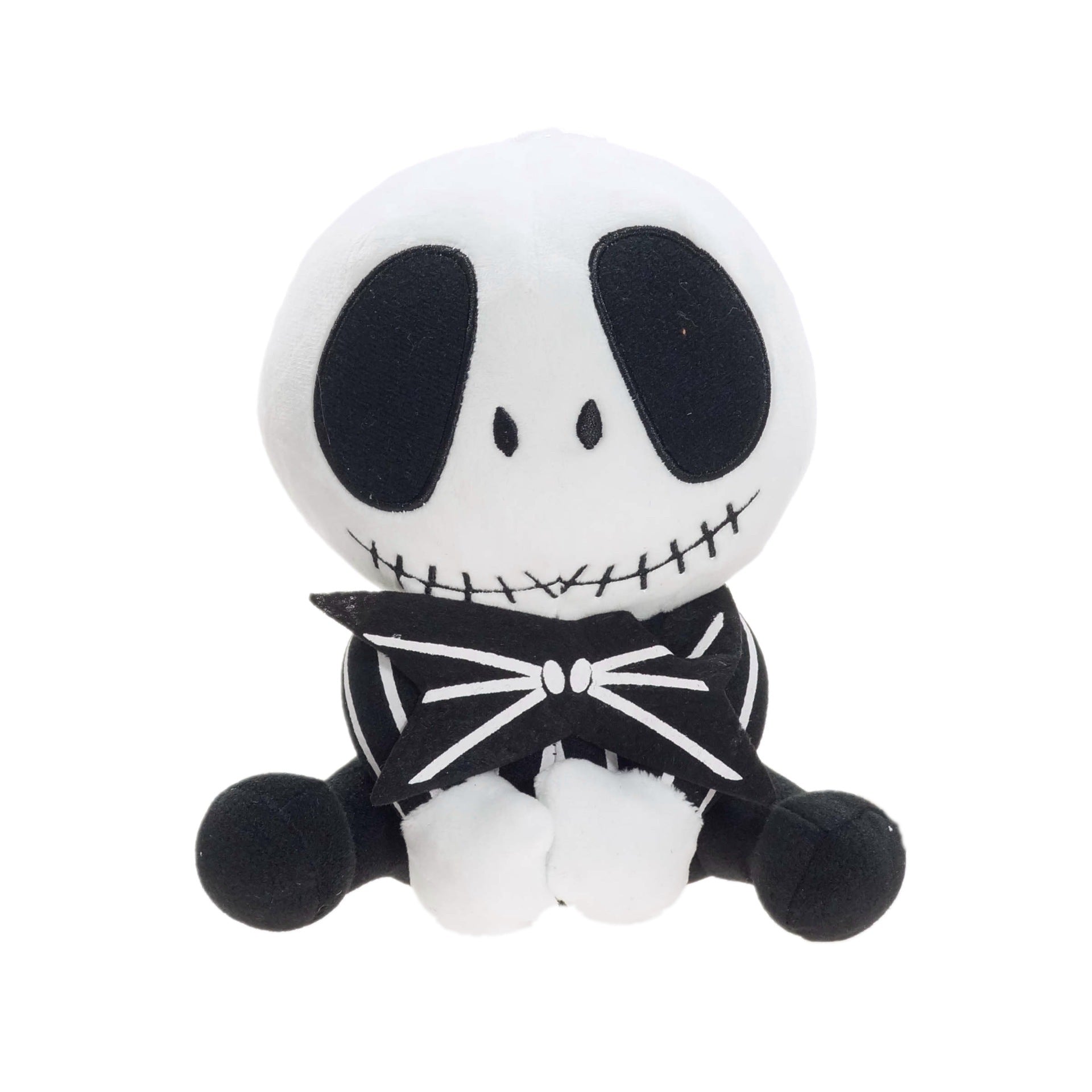 Plush toy resembling a character with a white face, black eyes, and a black bow tie on a white background