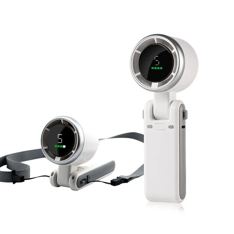 White foldable mini desktop fan with black base, showing both units