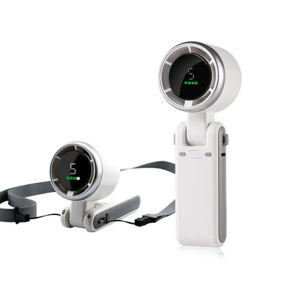 White foldable mini desktop fan with black base, showing both units