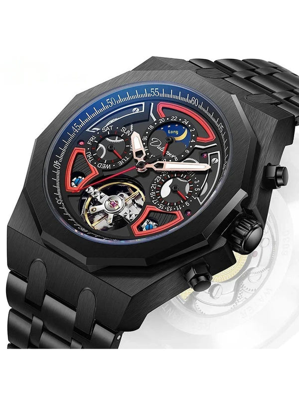 Men's skeleton automatic sports watch with black case, black dial, multicolor subdials, metal strap