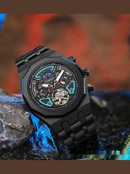 Men's automatic sports watch with black case and bracelet, black dial, turquoise and red details