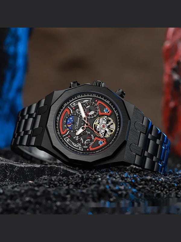 Men's automatic mechanical sports watch with black case, black dial, multicolor subdials, metal bracelet