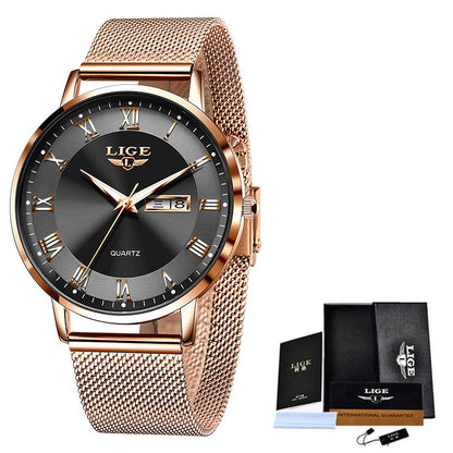 Rose gold watch with black dial and LIGE branding, including packaging on a white background.