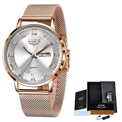 Rose gold watch with silver face and LIGE branding, including packaging on a white background.