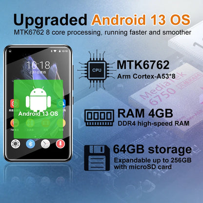 Andriod 13 Mp3 Player Bluetooth and WiFi 2.4G/5G 4G RAM