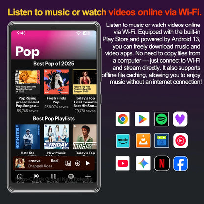 Andriod 13 Mp3 Player Bluetooth and WiFi 2.4G/5G 4G RAM