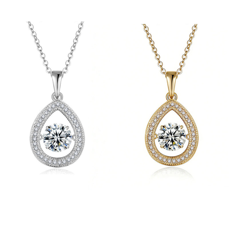 S925 sterling silver teardrop necklace featuring a 1ct D Color VVS1 moissanite center stone with pave halo setting and platinum-plated finish