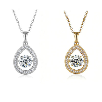 S925 sterling silver teardrop necklace featuring a 1ct D Color VVS1 moissanite center stone with pave halo setting and platinum-plated finish