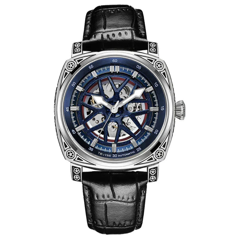 Mechanical skeleton watch with blue dial, black leather strap, silver bezel