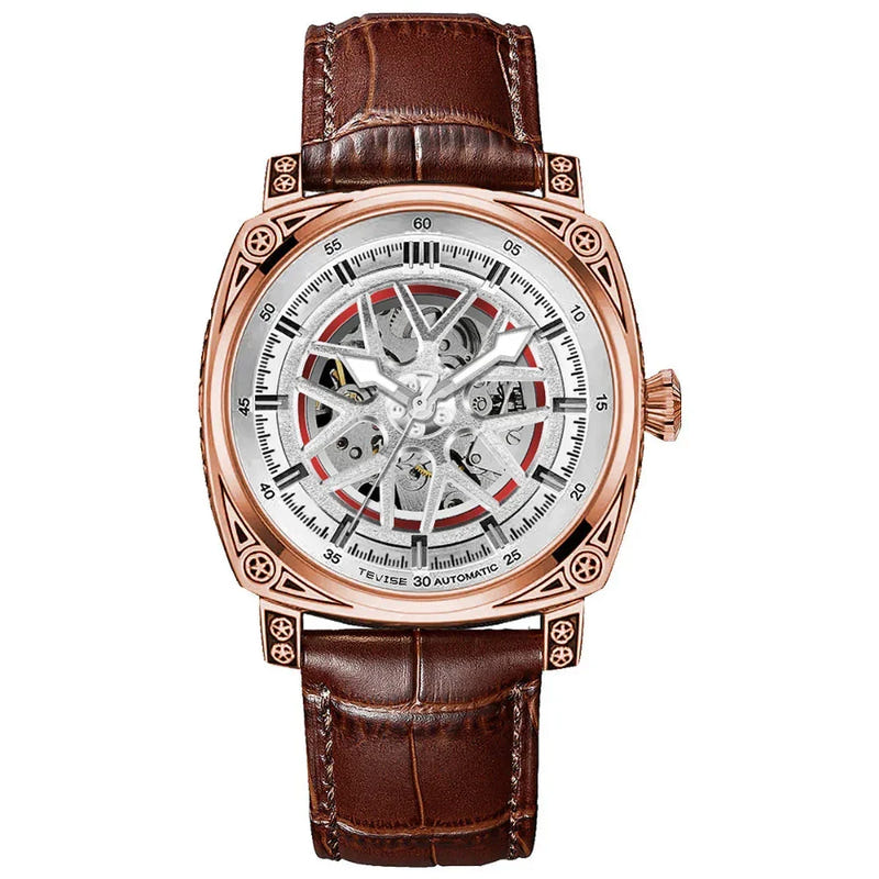 Mechanical skeleton watch with white dial, brown leather strap, rose-gold tone bezel