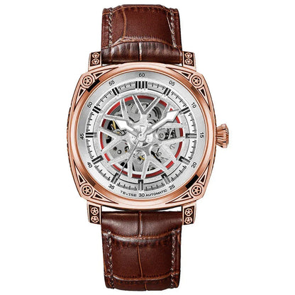 Mechanical skeleton watch with white dial, brown leather strap, rose-gold tone bezel