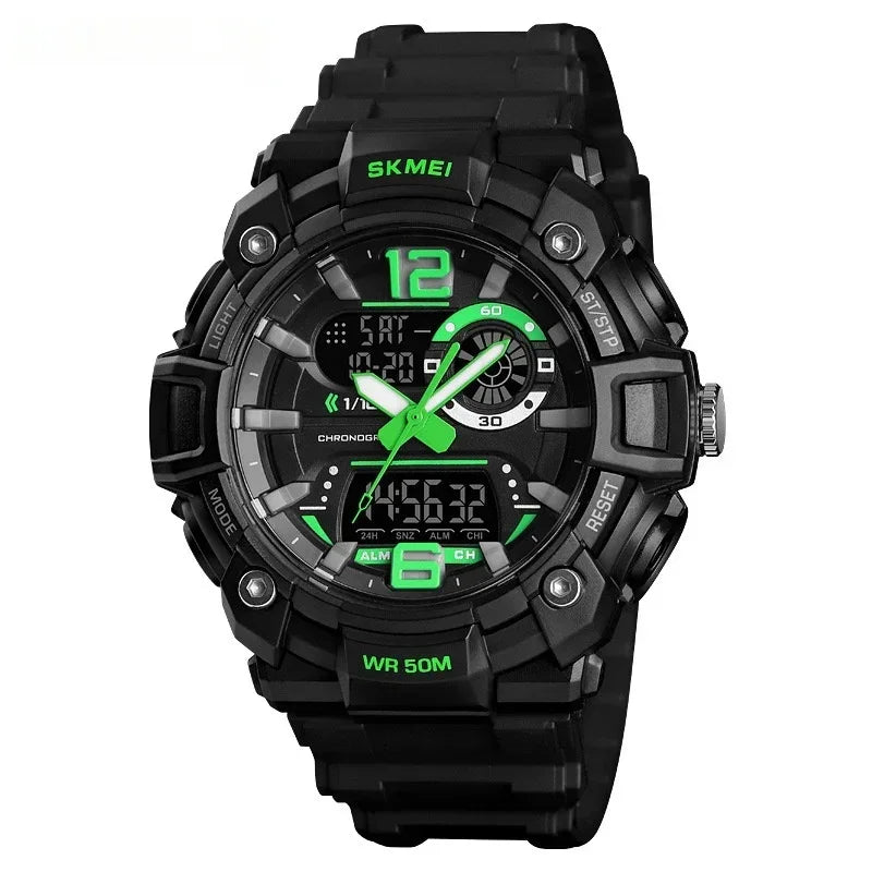 Men's sports digital-analog watch, black case with bright green dial and digital display