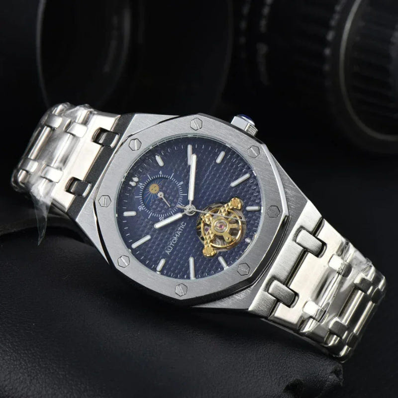 Men’s automatic mechanical watch on silver stainless strap, black dial with gold skeleton mechanism